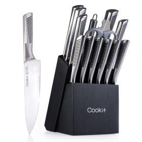 Kitchen Knife Set; 15 Piece Knife Sets with Block; Chef Knives with Non-Slip German Stainless Steel Hollow Handle Cutlery Set with Multifunctiona