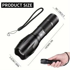 High Power LED Tactical Flashlight 5-Mode Light Zoom Waterproof Portable Torch For Camping Hiking Outdoor Hunting Aluminum Alloy Bright Tactical (Color: black)