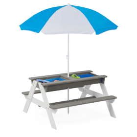 3-in-1 Outdoor Wooden Picnic Table For Kids With Umbrella (Color: grey)